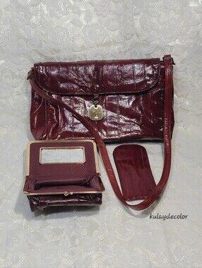 Vintage Genuine Eel Skin 3-Piece Burgundy Handbag Wallet Eyeglass Makeup Case